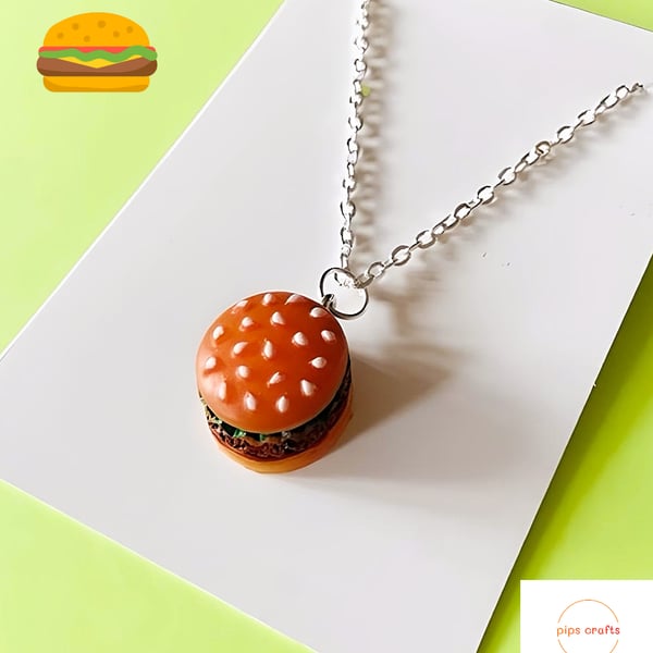 Hamburger in a Bun Necklace, 18 Inch Chain, Quirky Handmade Food Jewellery 