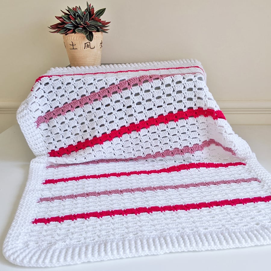 Baby Blanket - Block Striped - White & Pink - 77cm x 61cm