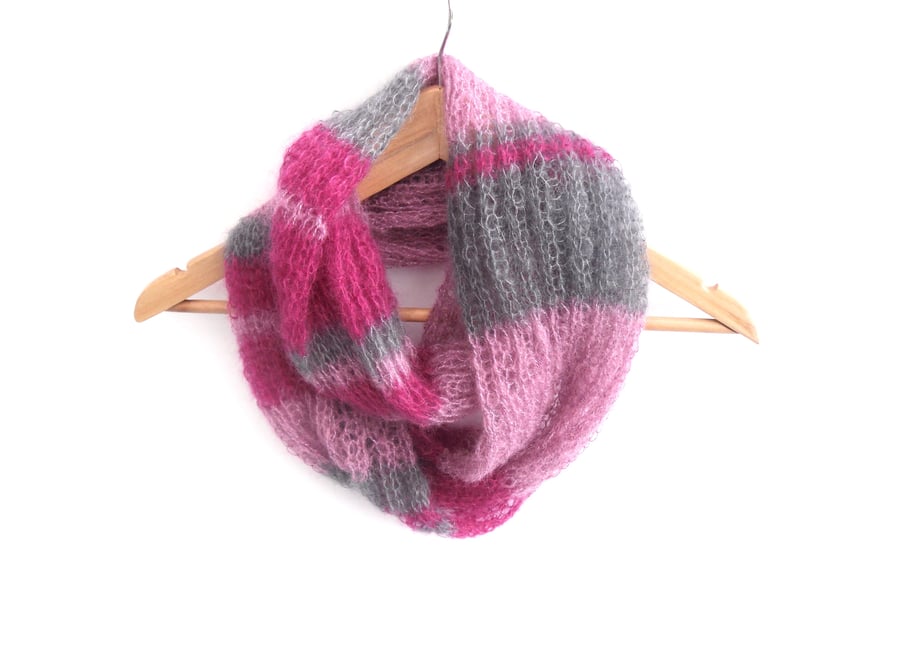 Pink Mohair infinity scarf , striped multicolour cowl 