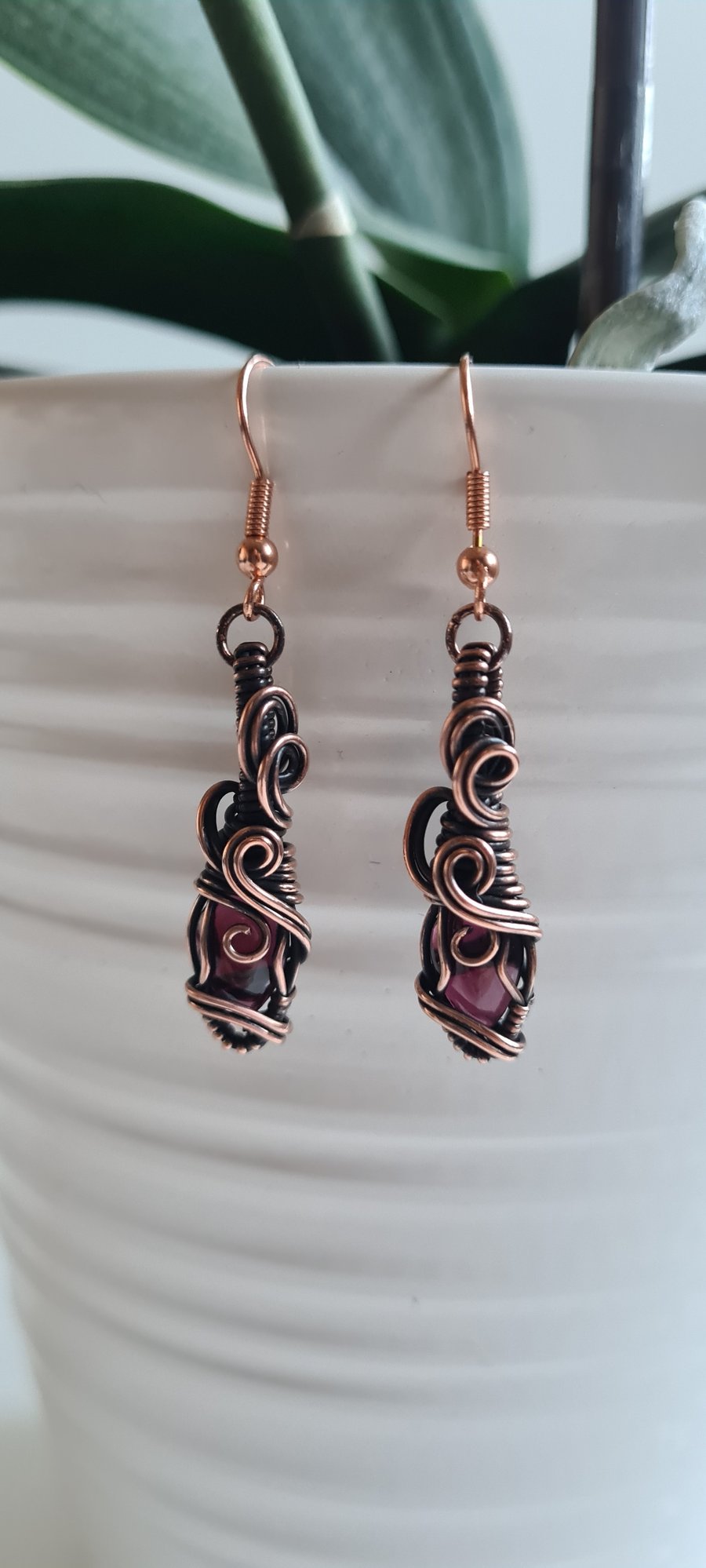Handmade Natural Garnet & Copper Dangle Wire Wrapped Earrings Gift Jewellery
