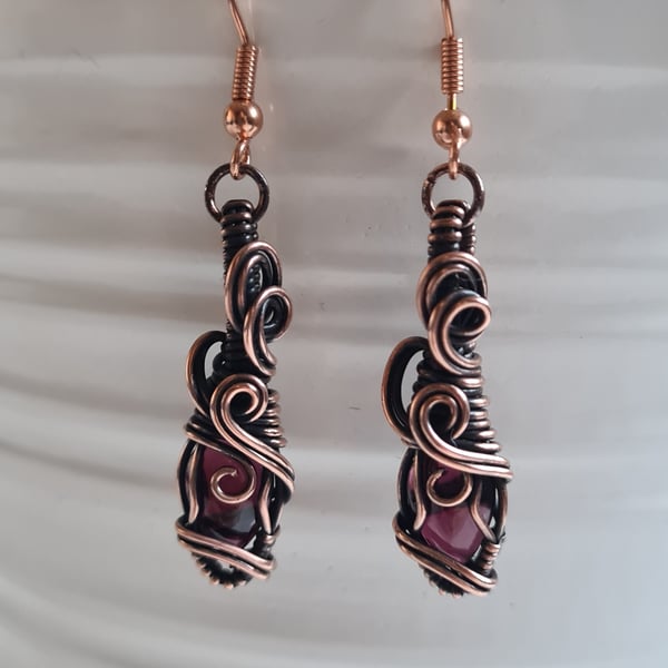 Handmade Natural Garnet & Copper Dangle Wire Wrapped Earrings Gift Jewellery