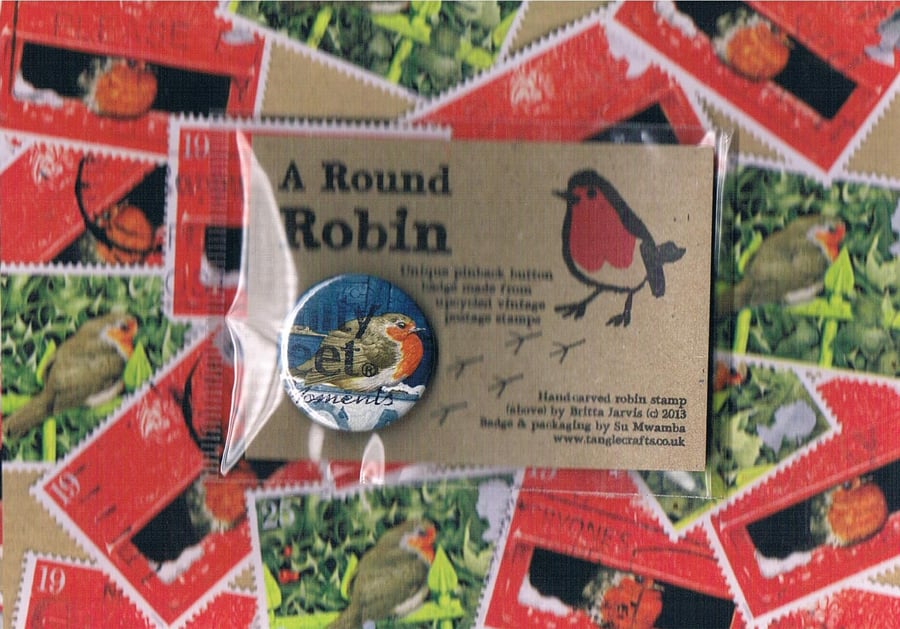 ROUND ROBIN BADGE 3 - festive upcycled postage stamp badge, sale for charity
