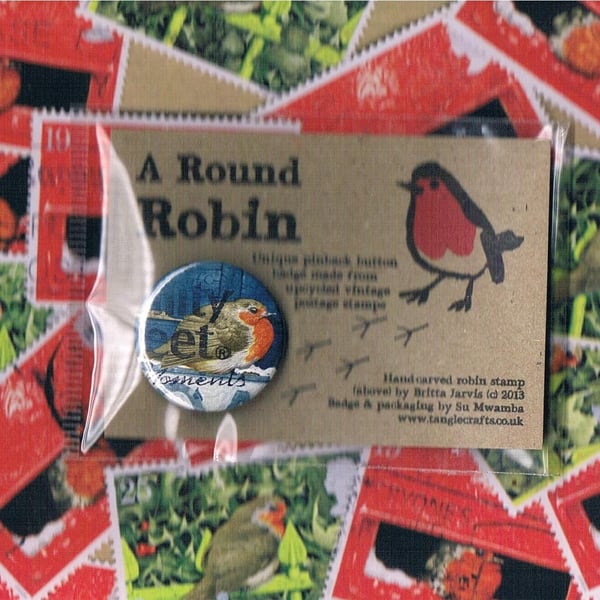 ROUND ROBIN BADGE 3 - festive upcycled postage stamp badge, sale for charity