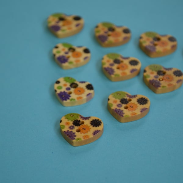 Small Natural Wooden Heart Buttons Floral Purple Yellow Green 10pk 18x15mm (NH4)
