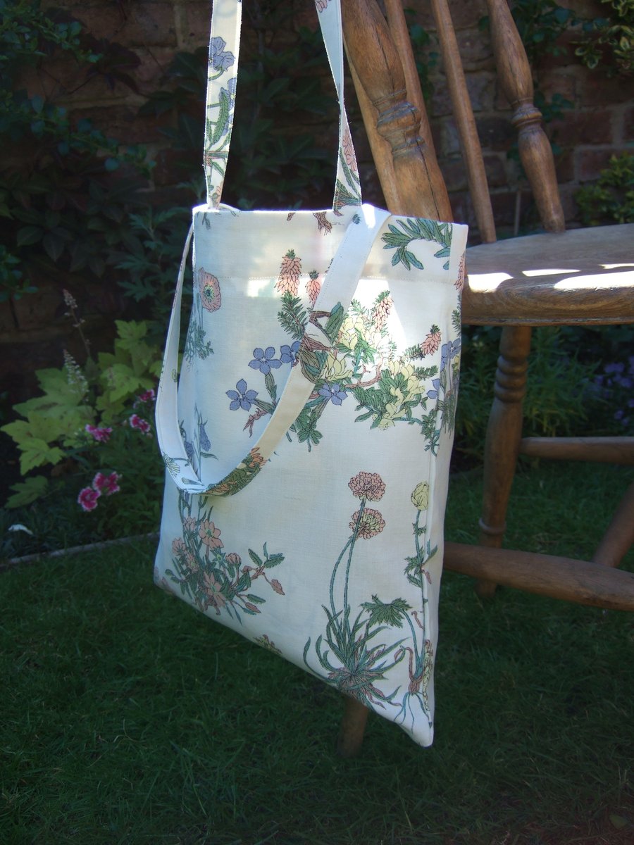 Botanicals tote or book bag made from vintage fabric. Gift for a gardener.