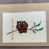 Two wise owls hand embroidered card.