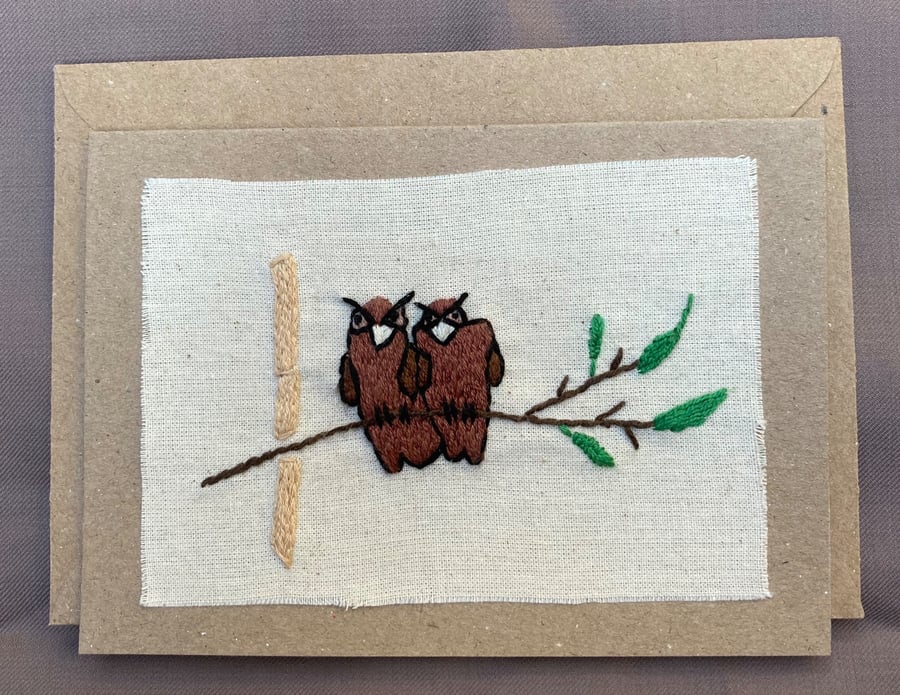 Two wise owls hand embroidered card.