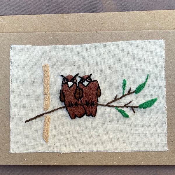 Two wise owls hand embroidered card.
