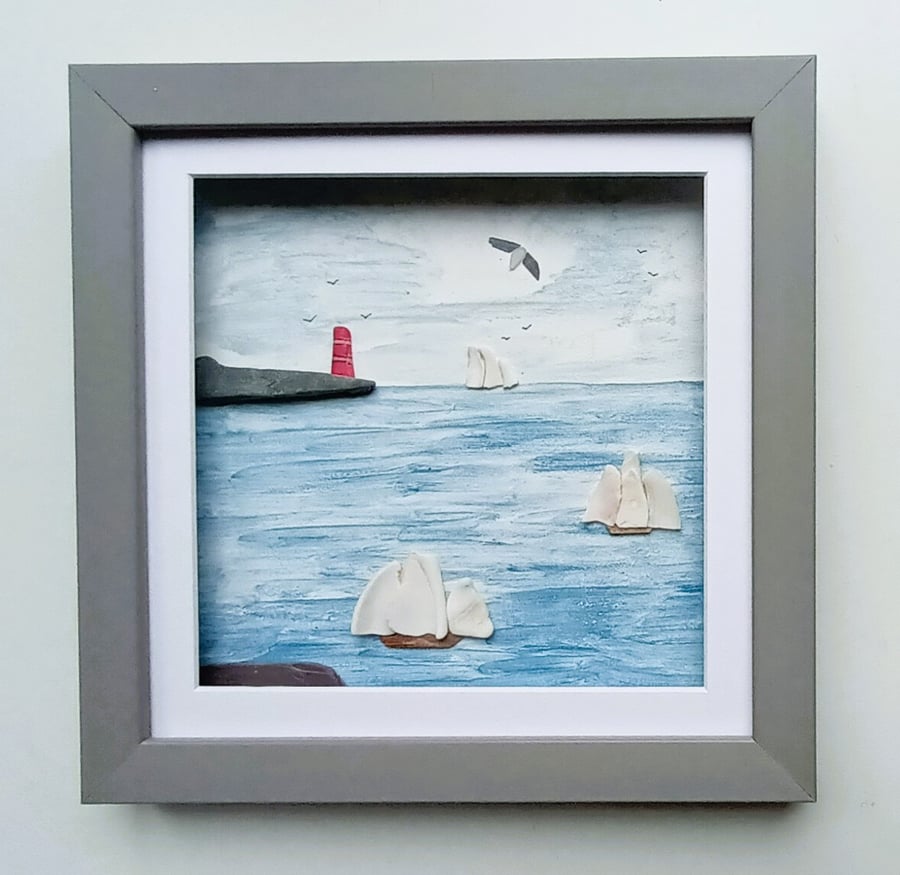 Tall Ships and Lighthouse, Beachcombed Art, Coastal Wall Decor