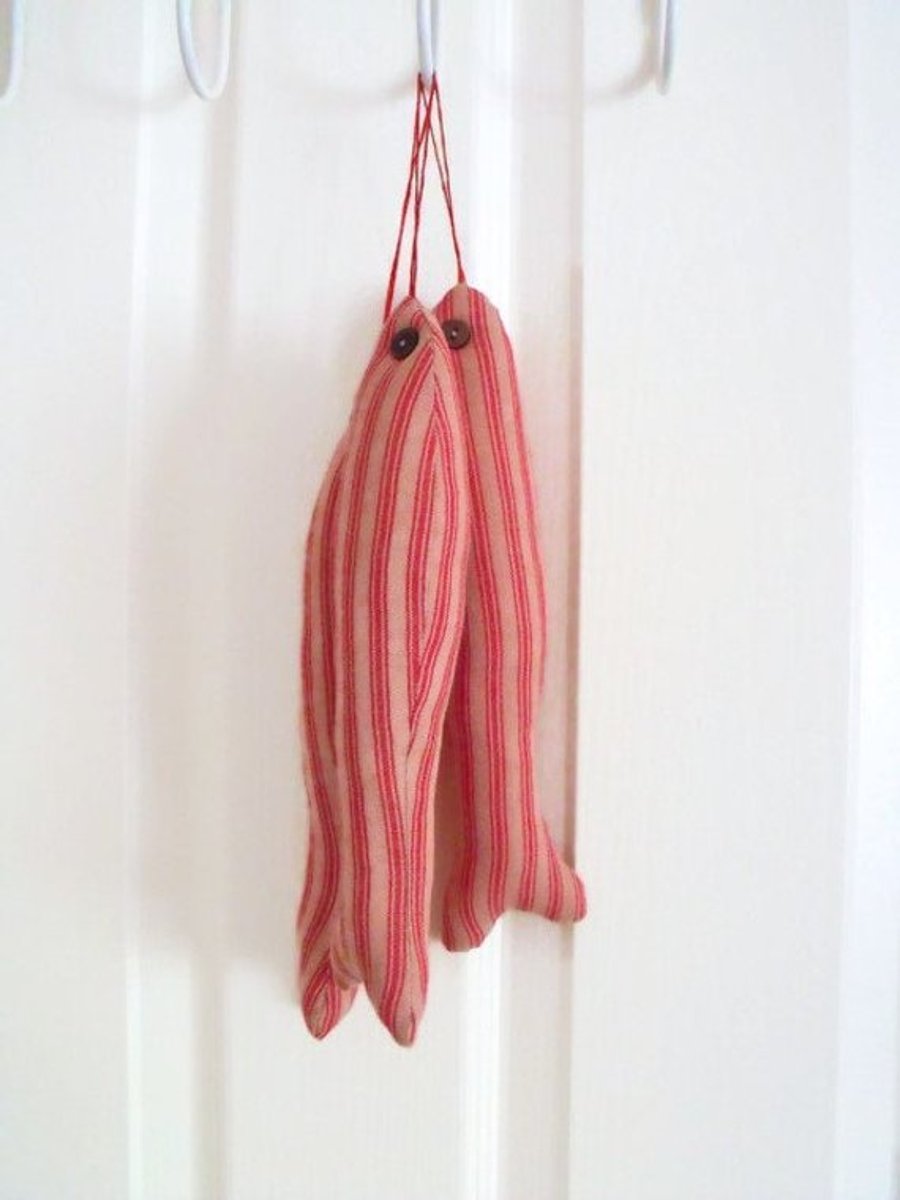 three primitive decorative plush hanging fish for your home, red and beige