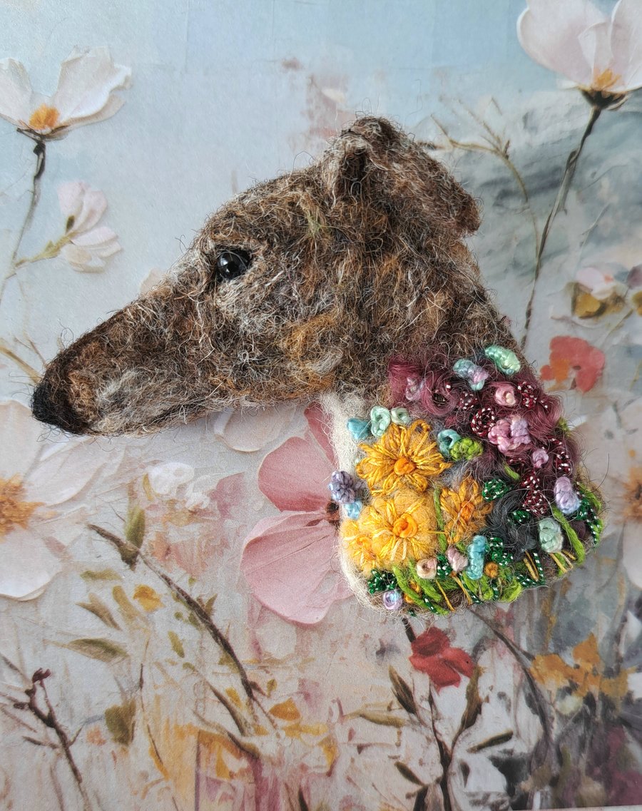 Needle Felted Greyhound Brooch