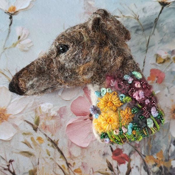 Needle Felted Greyhound Brooch