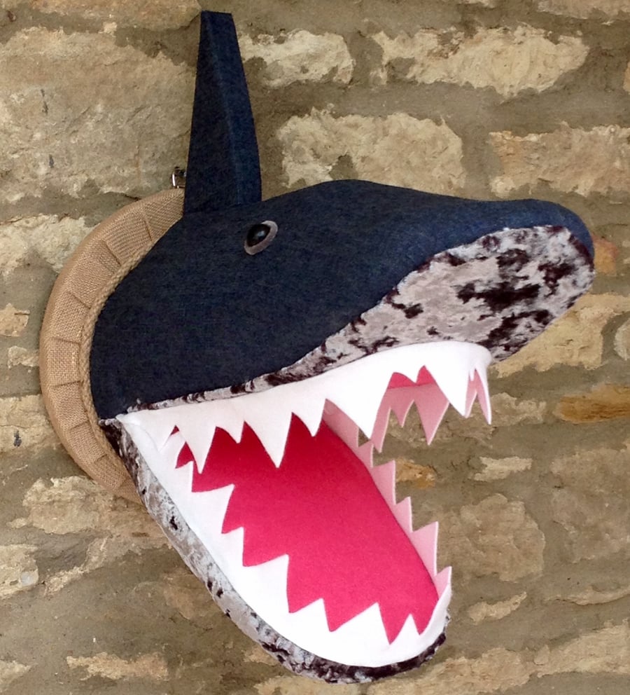 Faux taxidermy funky denim and velvet Shark animal head wall mount