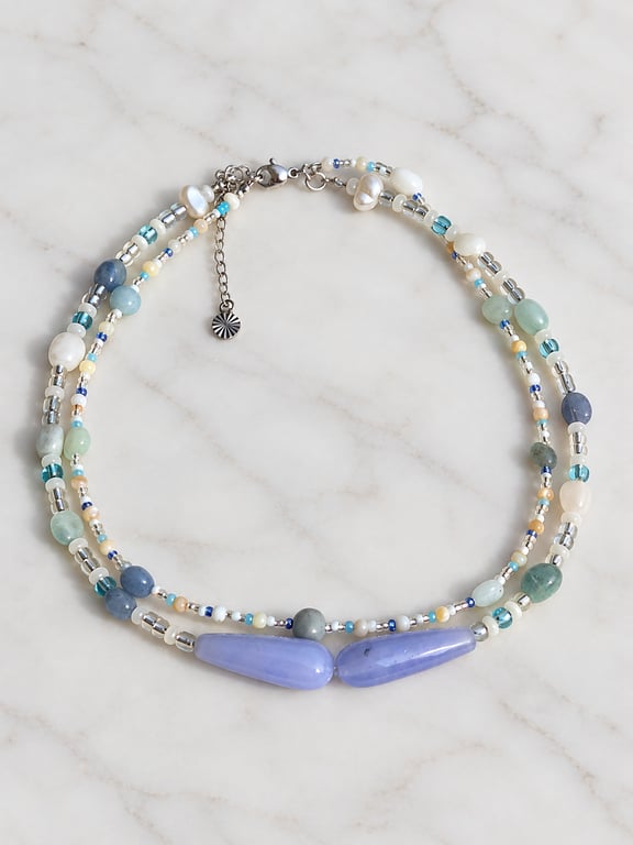 Gemstones Choker Necklace Double Strand Blue and White Chalcedony and Moonstone