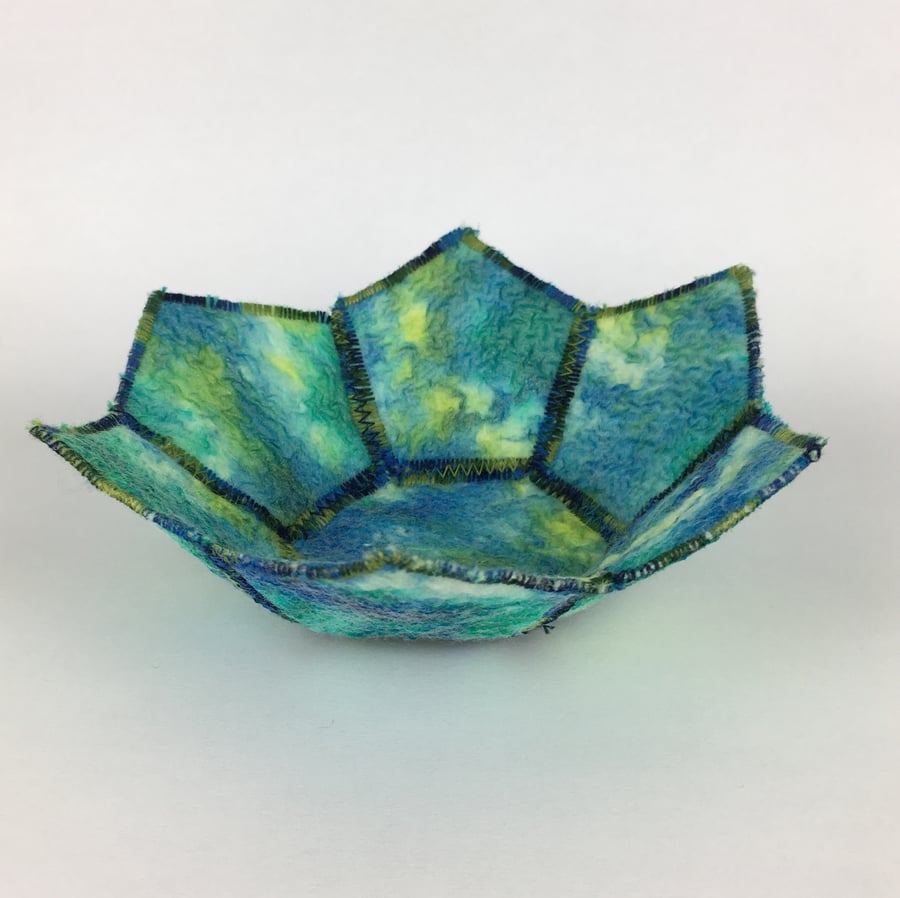 Textile bowl, trinket dish, coin tray, nuno felted in blue, green and yellow