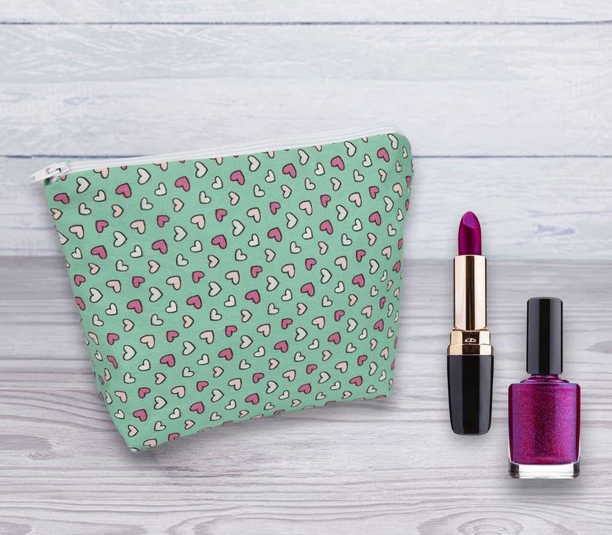 Cosmetic Bag, Make up Bag, Cosmetic Bag Hearts Green, Cosmetic Bag-123