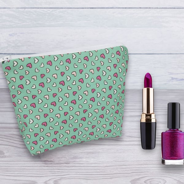 Cosmetic Bag, Make up Bag, Cosmetic Bag Hearts Green, Cosmetic Bag-123