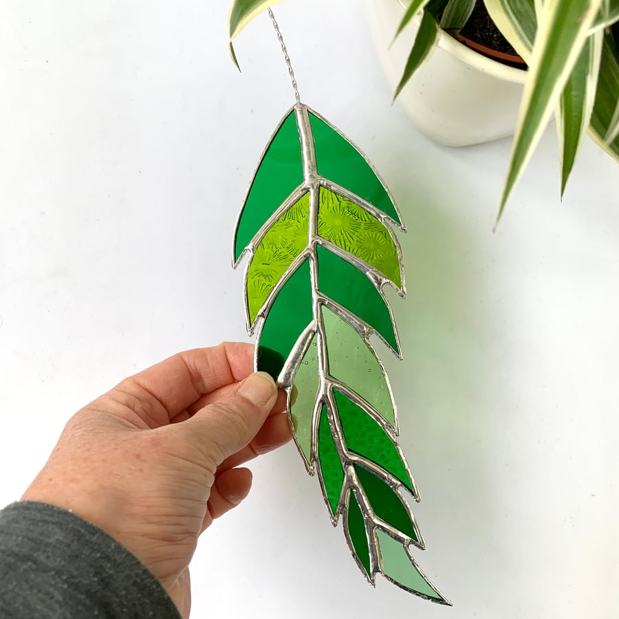 Stained Glass Feather Suncatcher - Handmade Hanging Decoration - Green