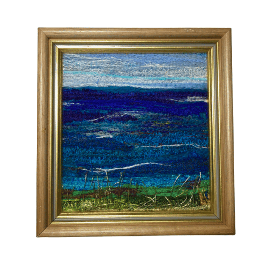Framed textile art, silk and wool ocean landscape 