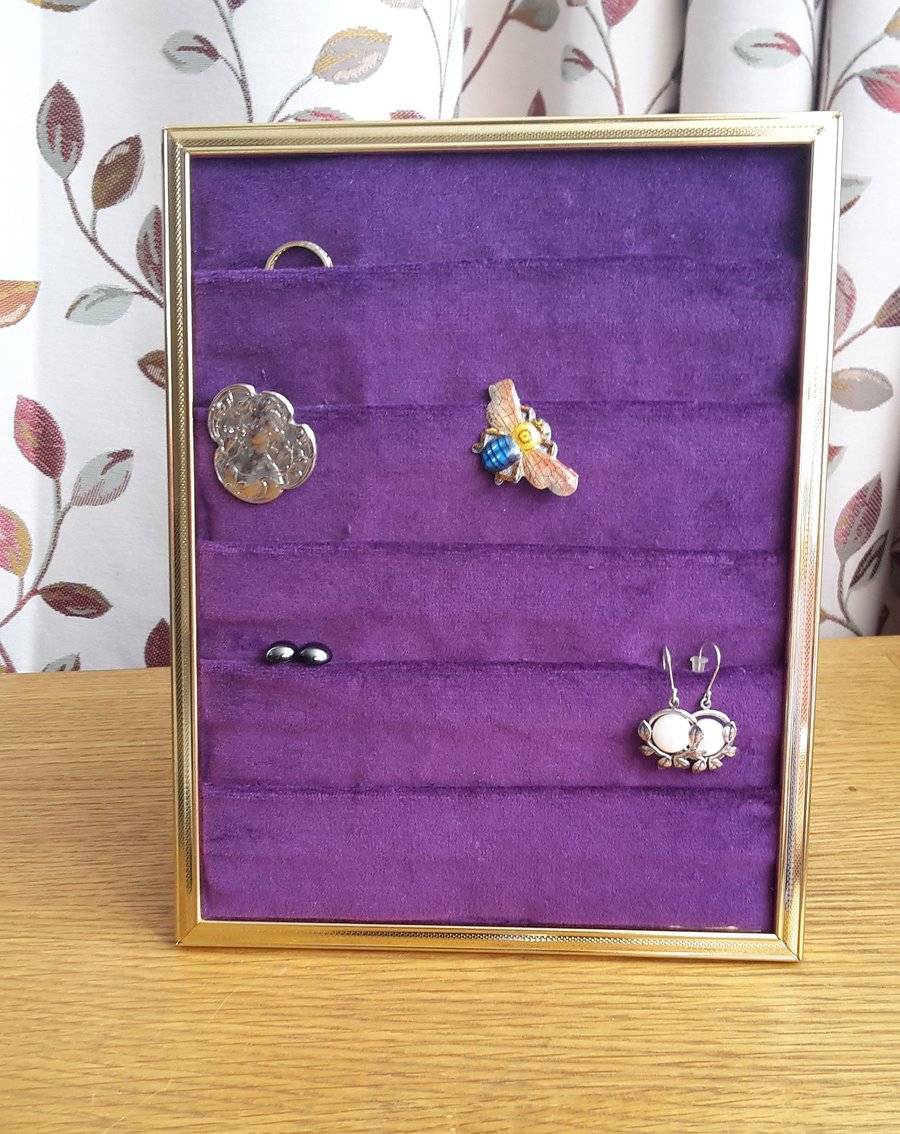 Upcycled photo frame jewellery holder, gold and purple