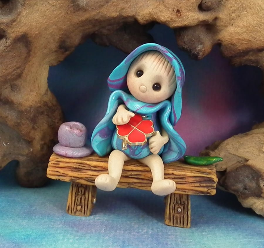 Sale Tiny Garden Gnome 'Calico' on rustic bench OOAK Sculpt Ann Galvin