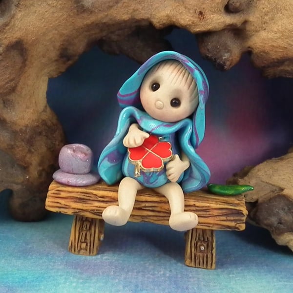Sale Tiny Garden Gnome 'Calico' on rustic bench OOAK Sculpt Ann Galvin