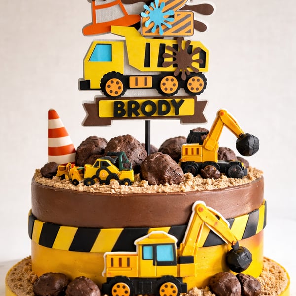 Construction Themed Dump Truck Birthday Cake Topper Personalised 