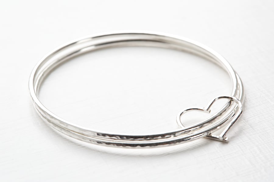 Handmade 925 Sterling Silver Double Bangle with Open Heart Link