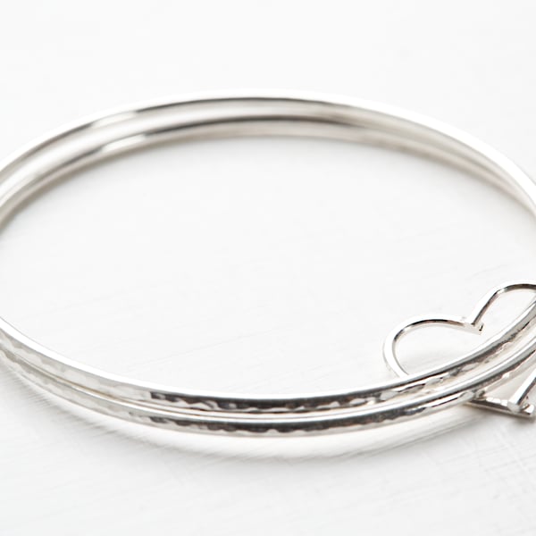 Handmade 925 Sterling Silver Double Bangle with Open Heart Link