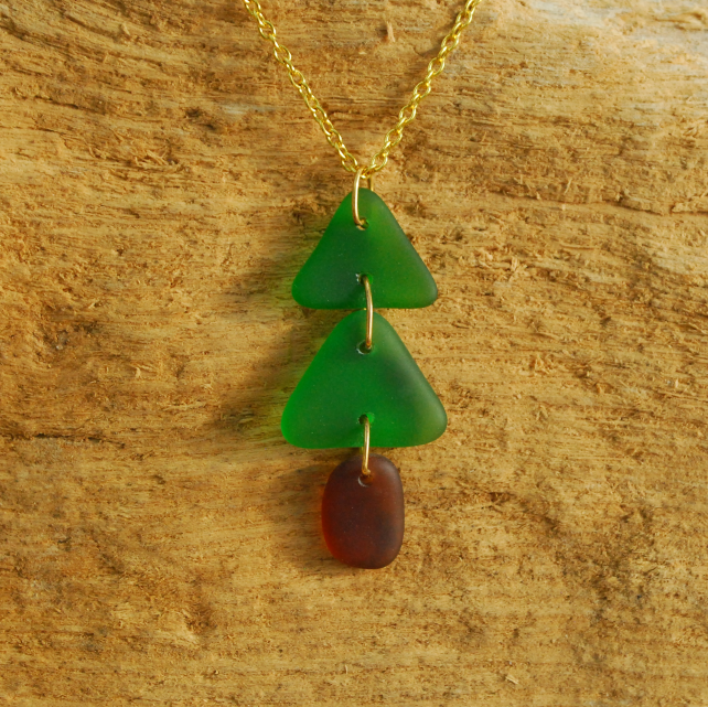Christmas tree beach glass pendant