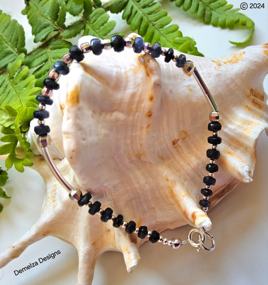 Genuine Deep Blue Sapphire Sterling Silver Bracelet