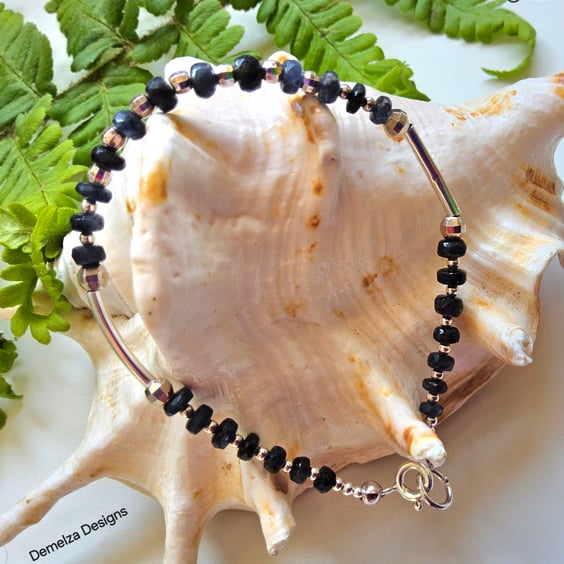 Genuine Deep Blue Sapphire Sterling Silver Bracelet