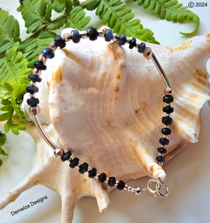 Genuine Deep Blue Sapphire Sterling Silver Bracelet