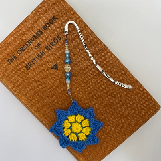 Flower bookmark in blue and yellow with upcycled beads