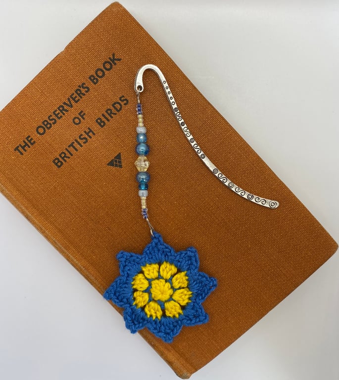 Flower bookmark in blue and yellow with upcycled beads
