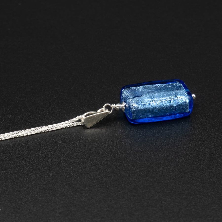 Murano sapphire blue sterling silver Venetian glass handmade pendant necklace.