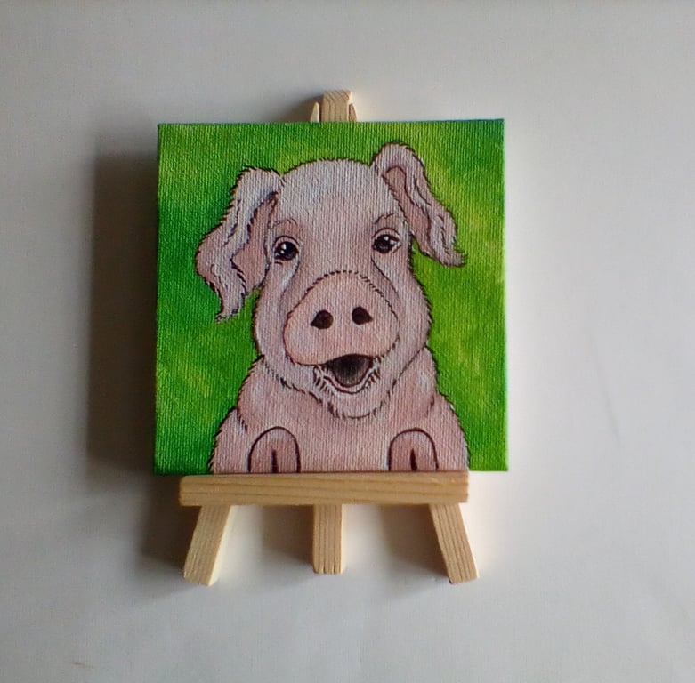Pig Miniature Original Acrylic Painting with Easel Letterbox Gift Charity