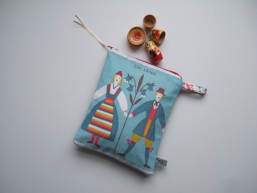Swedish folk art, vintage tablecloth, make up bag, storage bag or pouch