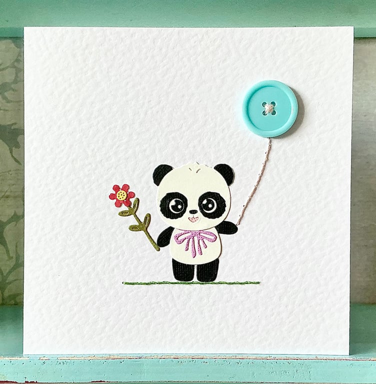 Hand Sewn Panda Card. Pandas. Die Cut Card. Balloon Card. Teddy Bear Panda. Card