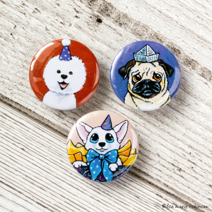 Dogs Wearing Hats 25mm Button Bages - Triple Pack