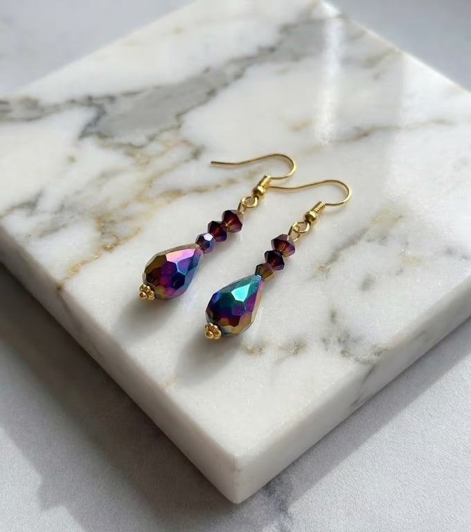   Upcycled 1960s Vintage Iridescent Teardrop Earrings with Gold Plated Hooks