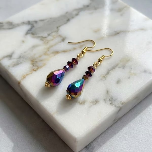   Upcycled 1960s Vintage Iridescent Teardrop Earrings with Gold Plated Hooks