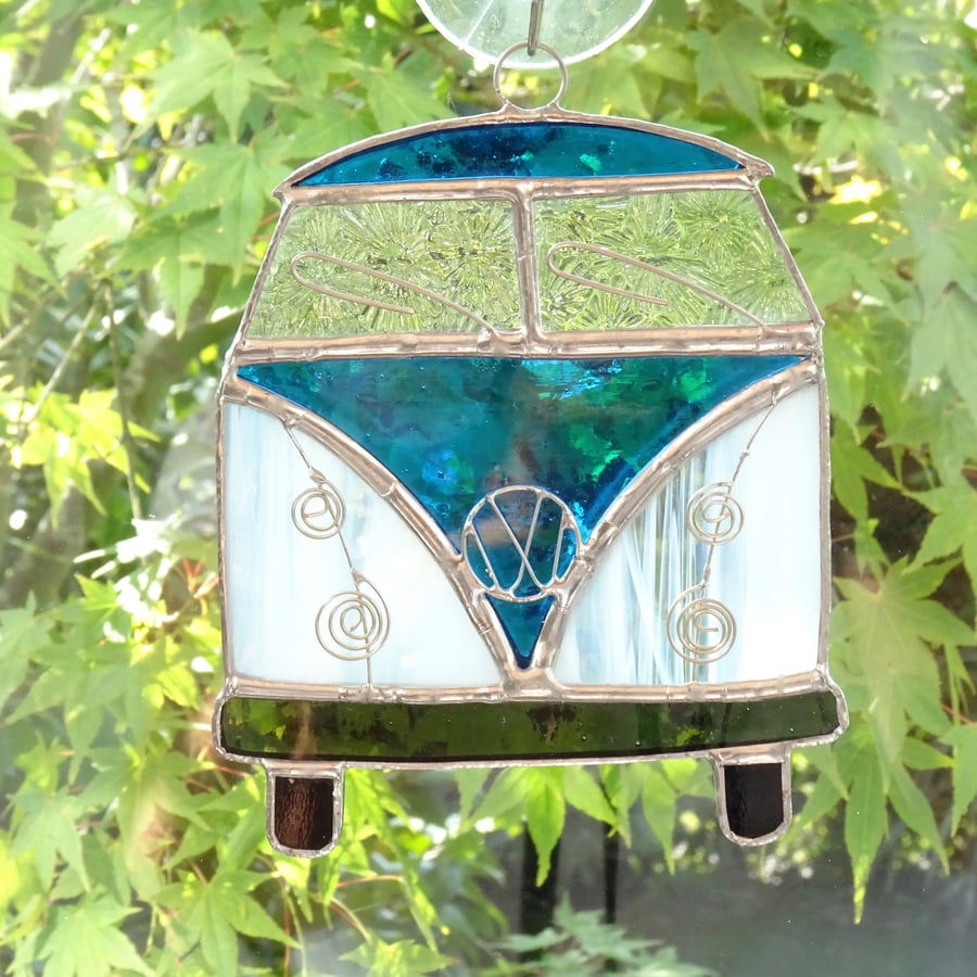 Stained Glass Camper Van Suncatcher - Handmade Decoration Turquoise and White