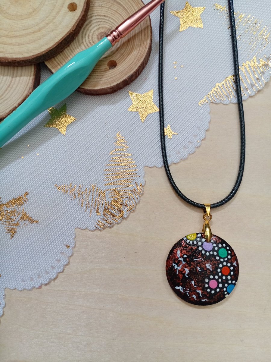 Quirky circular patterned hand painted wooden necklace 