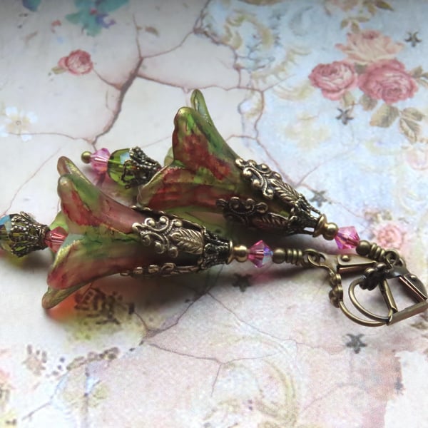 Pink Green Gold "Lady of Shalott" Hand Painted Lucite Flower Earrings