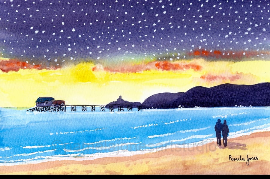 Starry Sky, Mumbles, Swansea Bay, Wales, Watercolour Print in 8 x 6 '' Mount