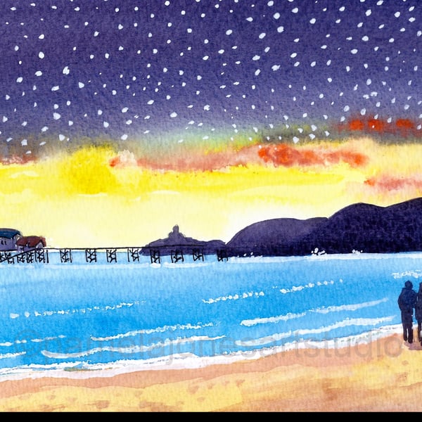 Starry Sky, Mumbles, Swansea Bay, Wales, Watercolour Print in 8 x 6 '' Mount