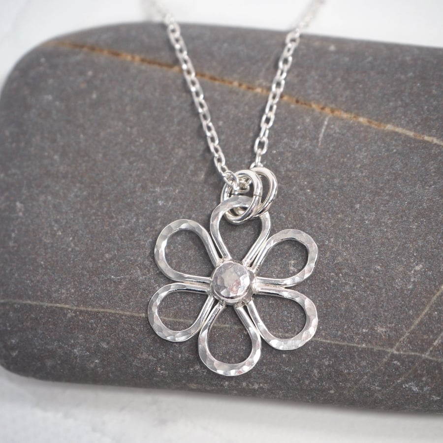 Silver Daisy Flower Pendant, Silver spring flower necklace, wedding jewellery