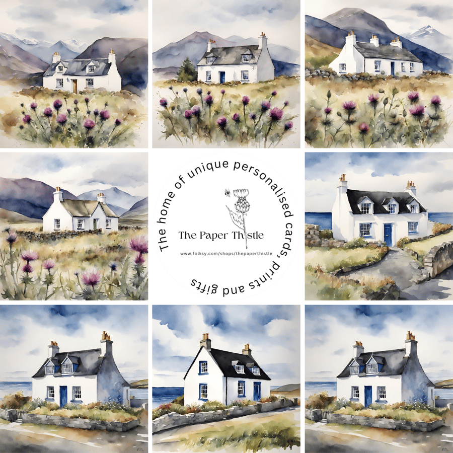 Scottish Cottages Cards - Box Set of 8 different designed Illustrated cards