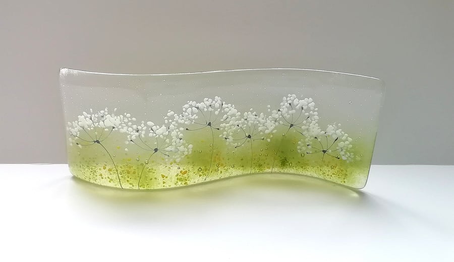 Cowparsley freestanding ornament, fused glass wave shape, gift for home, glass a